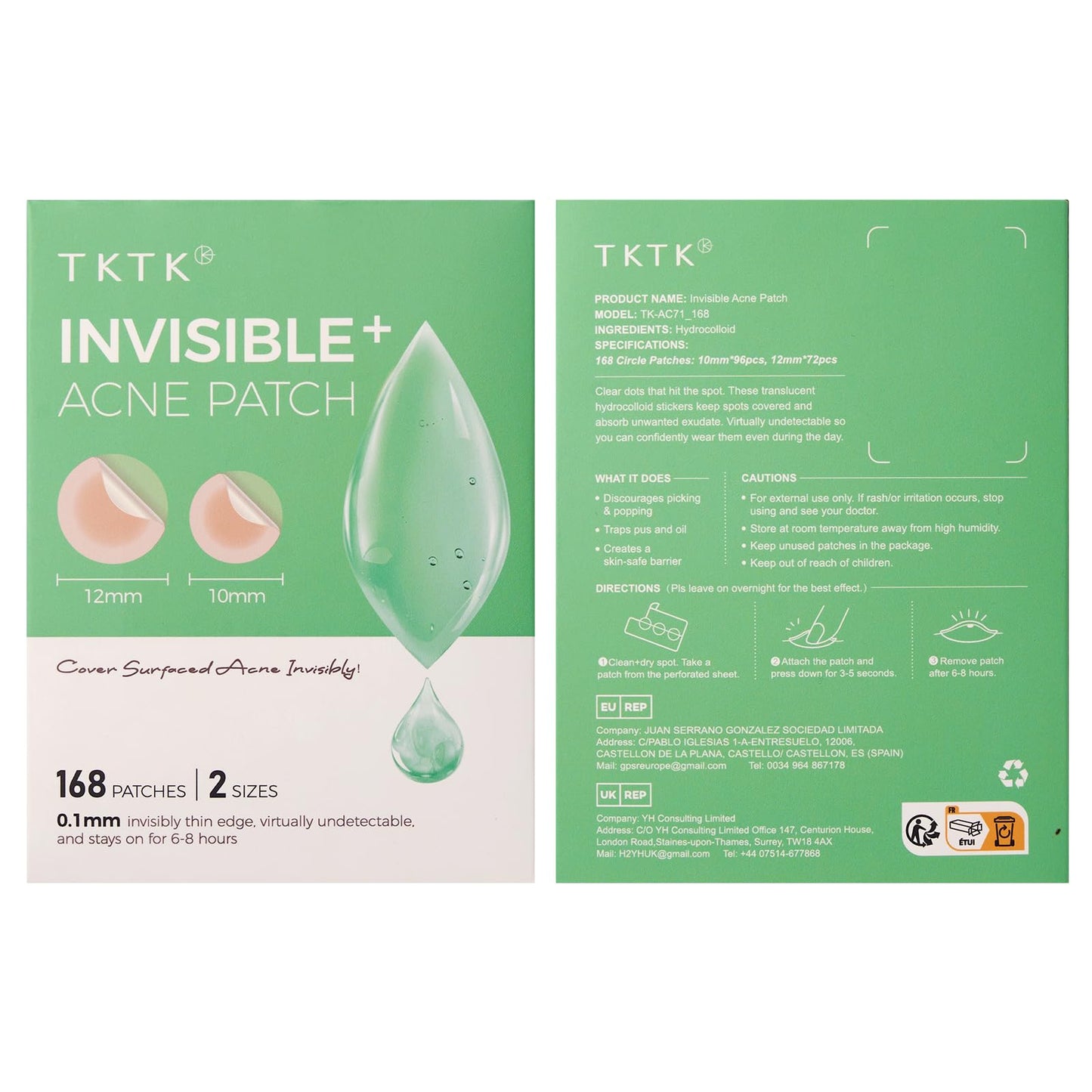 TKTK Pimple Patches for Face, 0.01cm Ultra-Thin Invisible Acne Patches, Hydrocolloid Patches for Breakouts, Absorbs Zits & Blemish, Suitable Under Makeup, 2 Sizes(10mm/12mm) 168 count