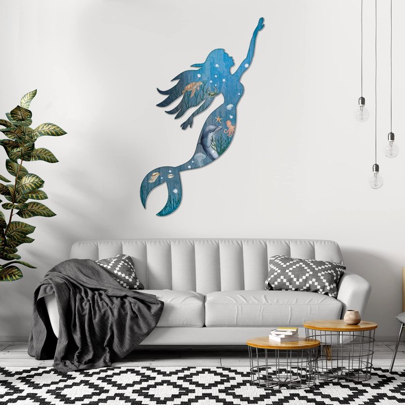 Pelopy 2 Pack Metal Mermaid Wall Art Rustic Bathroom Hanging Mermaid Wall Decor Blue Sculpture Decorations for Room Patio Swimming Pool Bathroom