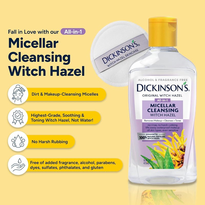 Dickinson's Micellar Cleansing Witch Hazel - All-in-One Makeup Remover & Pore Refiner | Alcohol-Free, 16oz