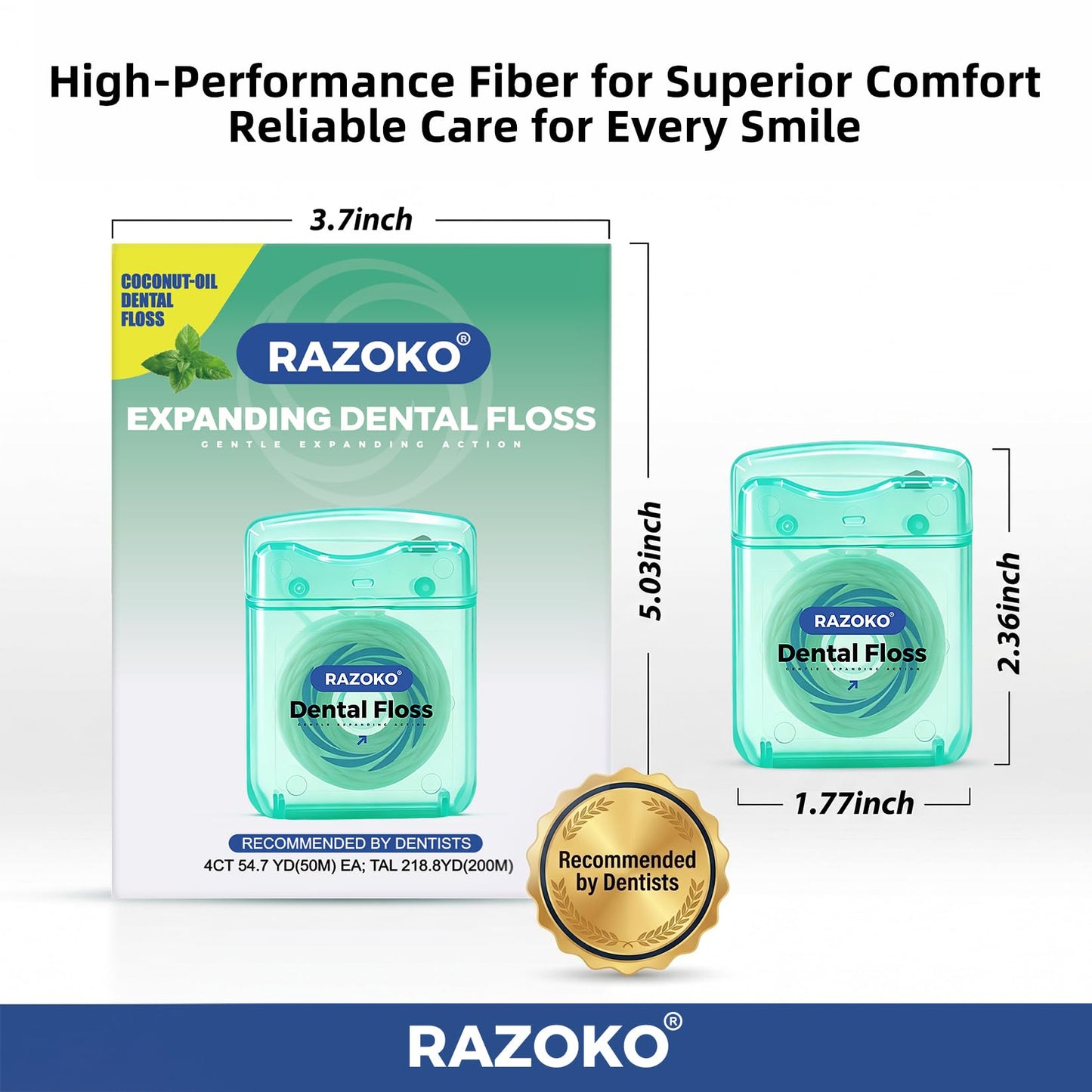 RAZOKO Coconut Oil Expanding Dental Floss - Gentle on Teeth & Gums, Kid-Friendly, Waxed, Light Mint Flavor, PTFE & PFAS Free, 4 Spools (220 Yd Total)