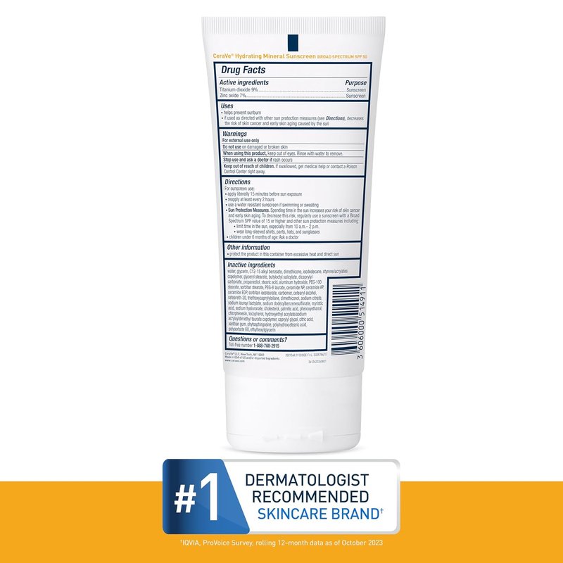CeraVe Mineral Sunscreen SPF 50 - Hydrating Zinc Oxide & Titanium Dioxide Formula | Oil-Free, 5 oz