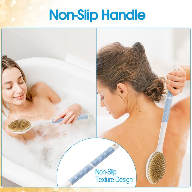 Backski Anti-Slip Body Scrubber for Shower, Long Handle Brush With Stiff and Soft Bristles, Exfoliator for Bath or Dry Brushing