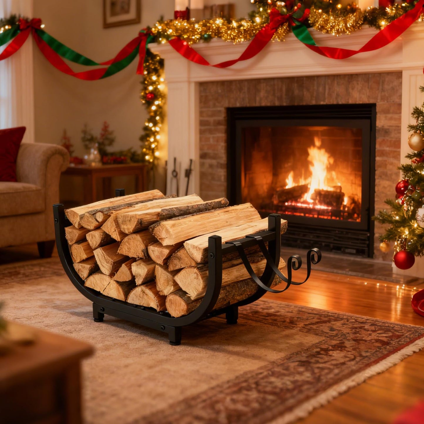 BeGyoku Firewood Rack Outdoor&Indoor,30'' Firewood Holder with Kindling Wood Hooks&Adjustable Feets,Heavy Duty Metal Log Rack,Black Curved Log Holder,Fire Wood Storage Organzier for Fireplace&Patio