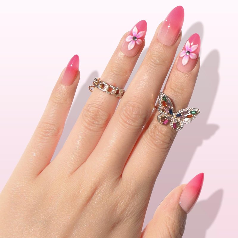 Nail Reformation Press On Nails, Tropical Orchid | Pink to Magenta Ombré Medium Almond Fake Nails with 3D Accents, Glossy Reusable Stick On Nails Kit - 30 Pcs in 15 Sizes with Glue, Gifts for Women