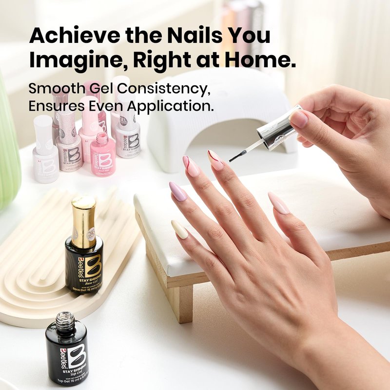 Beetles Gel Base and Top Coat Set 2Pcs 15ml, Stay Shining No Wipe Top Coat Gel Nail Polish & Strong Adhesion Base Coat Long Lasting High Gloss UV Lamp Needed Nail Art Design Manicure Gifts for Women