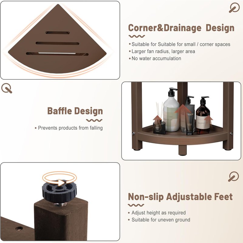 Shower Stool - Waterproof Corner Bench Seat with Baffle Storage Shelf | Indoor/Outdoor Use, Brown