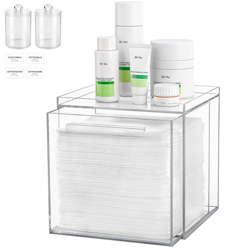 Disposable Face Towels Holder Compatible with Clean Skin Club Clean Towelettesl XL, Acrylic Box Bin with Drawer Bathroom Counter Storage for Vanity, Clear