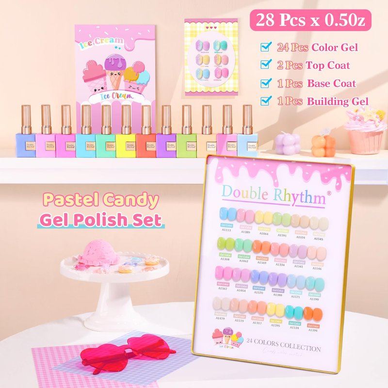Double Rhythm 28Pcs 0.5Oz Gel Nail Polish Set Same Color Same Bottle Gel Polish Kit Nail Art Manicure Salon DIY at Home for Women (Pastel Candy Collection-T24-5)