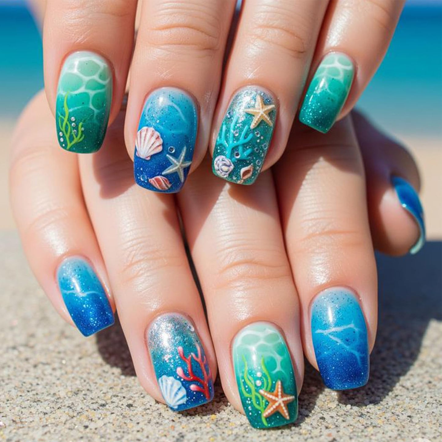 Summer Ocean Press on Nails Medium Square, Gradient Blue Fake Nails with 3D Shell Starfish Coral Designs Glitter False Nails, 24Pcs Glossy Acrylic Stick on Nails for Beach Vacation Daily Wear