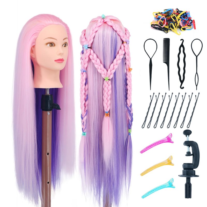 Eumos Mannequin Head with Hair, 29'' Doll Head for Hair Styling Training Head Manikin Practice Cosmetology Doll Head Styling Hairdressing Training Braiding Heads with Clamp Holder (Pink Purple)