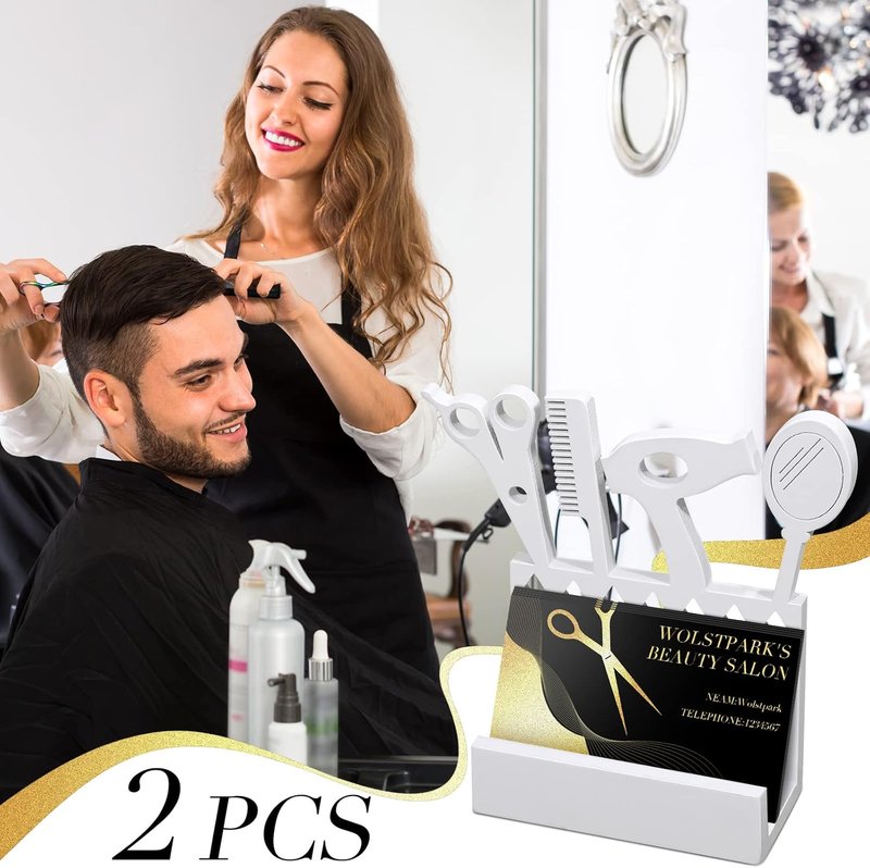 Lincia Wooden Hair Stylist Business Card Holder - 2 Pcs Display Stand for Salon & Office | White