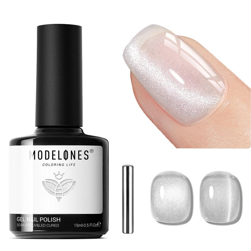 modelones Cat Eye Gel Nail Polish, Silver White Glitter Gel Polish with Magnet 9D Holographic Clear Crystal Nail Polish Soak Off UV Shimmer Polish 15ML