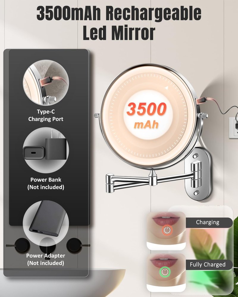 Skiennix 30X/1X Wall Mounted Makeup Mirror - 8'' Double-Sided, Rechargeable, Touch Dimmable, 360° Rotation