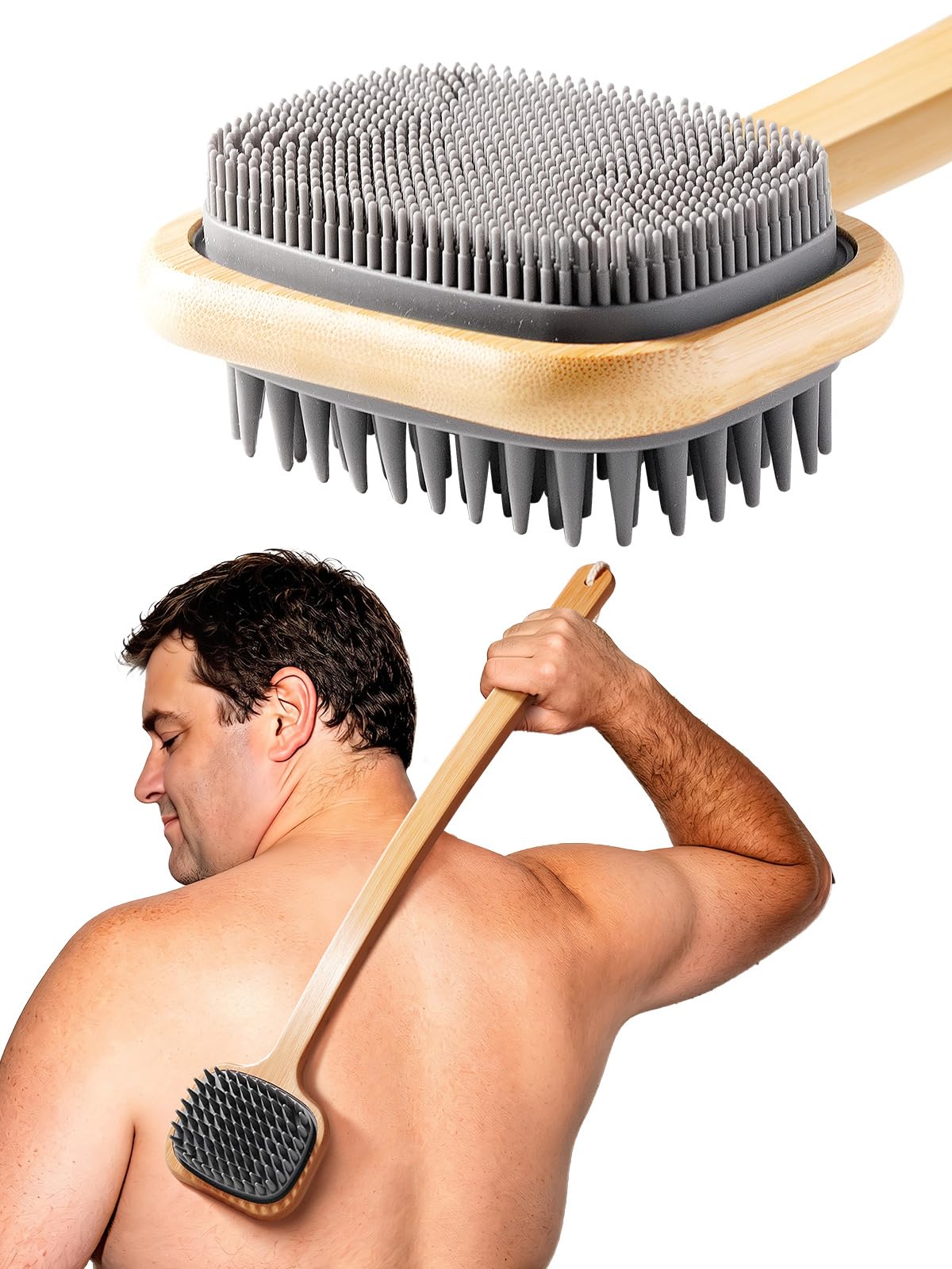 Long Handle Back Scratcher with Dual Sided Silicone Bristles, Bamboo Wood Body Brush with Hanging Loop