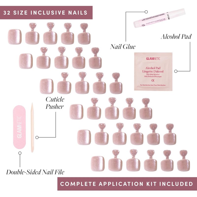 Glamnetic Press On Toenails - The Vow | Shimmery Nude Neutral Fake Toe Nails with a Velvet Finish | 16 Sizes - 32 Toe Nail Kit with Glue