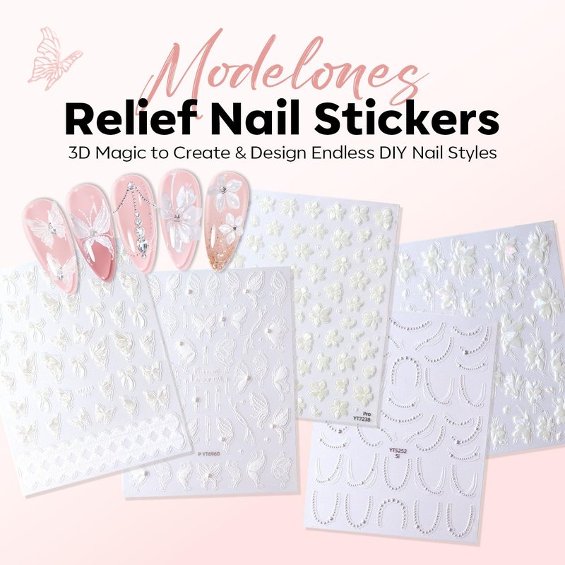 Modelones Nail Stickers, 3D Embossed Lace Pearls Nails Supplies Butterfly Nail Art Design for Summer Holiday Manicure DIY Nail for Women & Kids 5Pcs
