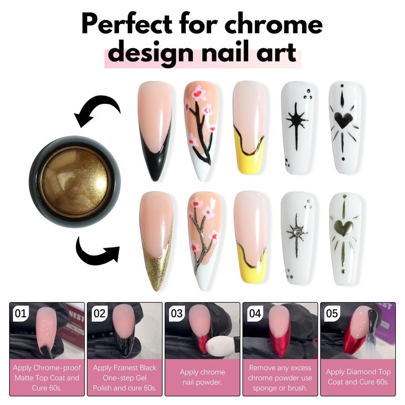 FZANEST Black Gel Polish Top Base Coat for Chrome Nail Powder, Hema-Free 3 in 1 One Step Gel Nail Polish Soak Off LED UV Nail Art Starter Manicure 15ml
