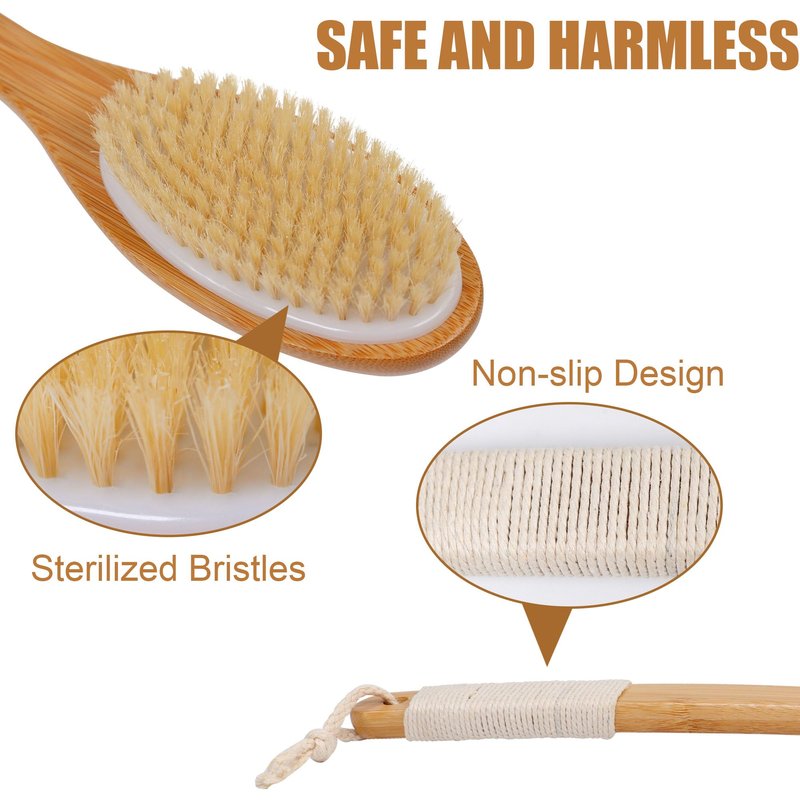 OWIIZI Bath Brush Bamboo Curved Long Handle Antiskid Body Brush for Exfoliating, Natural Bristles Shower Scrubber for Back Use Wet or Dry,Back Scrub Deep Cleanse-17.9inches