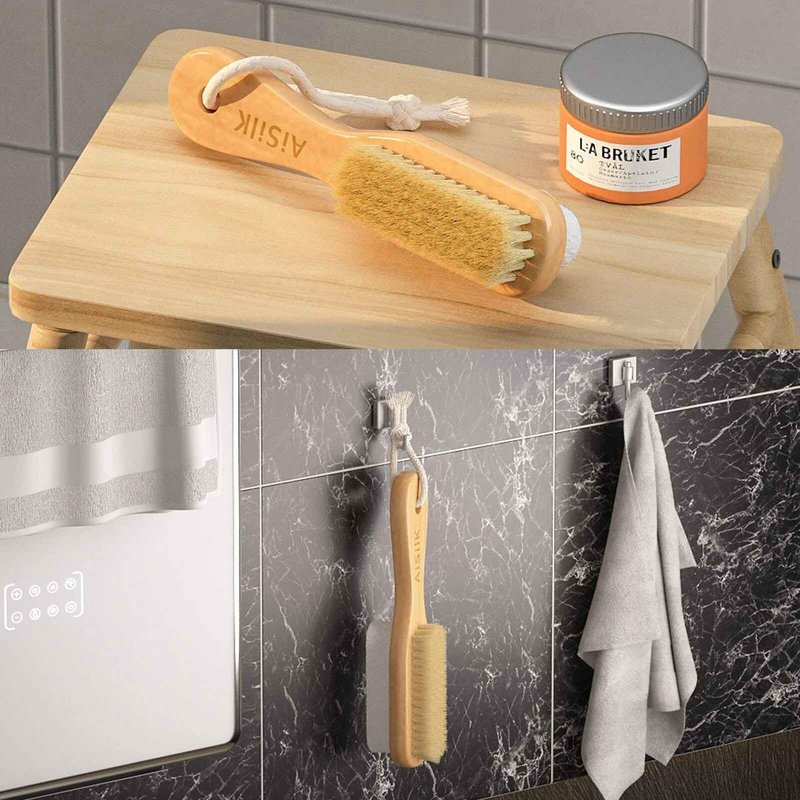 1Pc Foot Natural Bristle Brush & Pumice Stone Combo,Double Side with Pumice Stone and Bristle Brush Heel Scraper Pedicure File Removes Dead Skin with Rope Wooden Handle