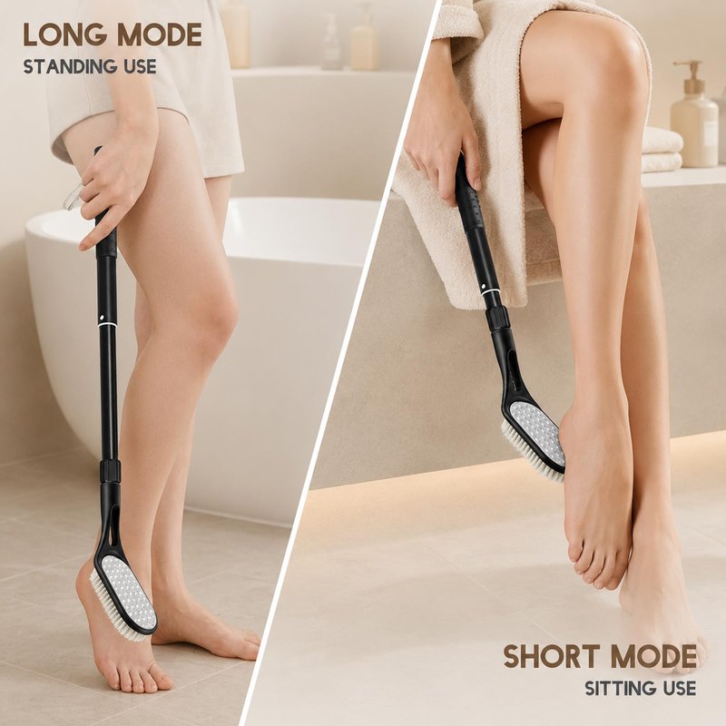 Long Handle Foot Scrubber for Shower, Extendable Foot Brush with Foot File 2 in 1 Dual Sided, Back Saving Foot Cleaner Brush for Cleaning Between Toes & Removing Calluses, Foot Care Tool for Seniors
