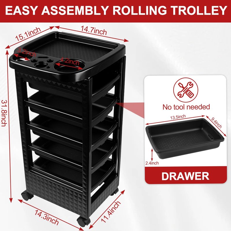 Roixeeds Salon Trolley Cart with Wheels and 5 Drawers, Salon Rolling Cart for Hair Stylist