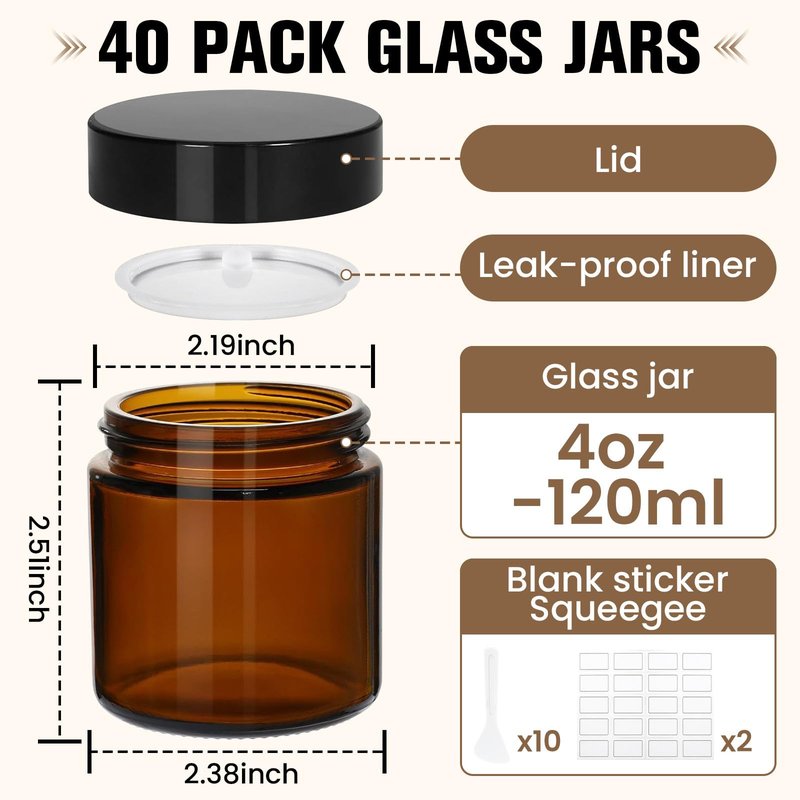 40 Pcs 4 oz Glass Jars with Lids, Amber Glass Jars with 40 Labels & 10 Spatulas, Inner Liners, LeakProof, UV-Protective,Round Glass Containers for Essential Oils, Spices, Candle Making,DIY