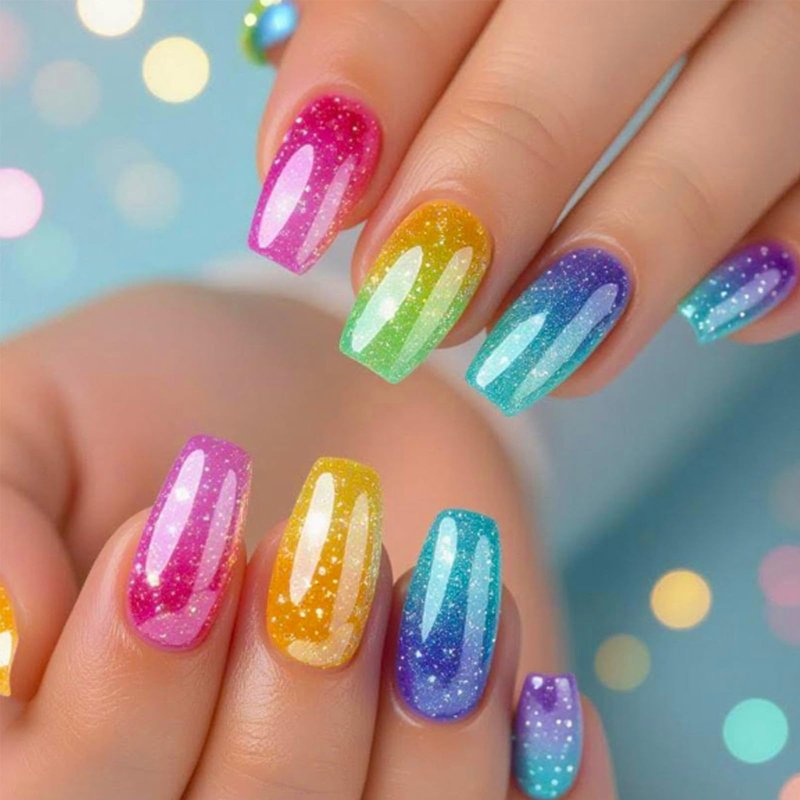 Rainbow Ombre Press on Nails Medium Coffin Fake Nails Colorful Gradient False Nails with Glitter Designs, 24Pcs Glossy Reusable Full Cover Stick on Nails for Women Summer Manicure