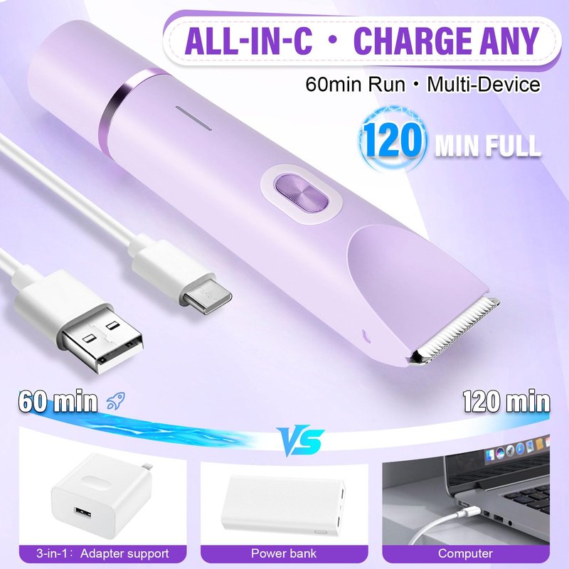 Nest Timber Women's Bikini Trimmer, 2-in-1 Electric Shaver for Bikini Line, Legs, Underarms, Face - Waterproof Women's Electric Shaver for Sensitive Skin, USB Rechargeable(Purple)