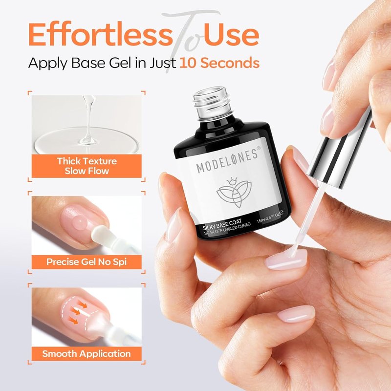 Modelones Gel Nail Polish Set - Silky Base & Extra Glossy Top Coat | 15 ML No Wipe UV LED Soak Off for Home DIY Manicure