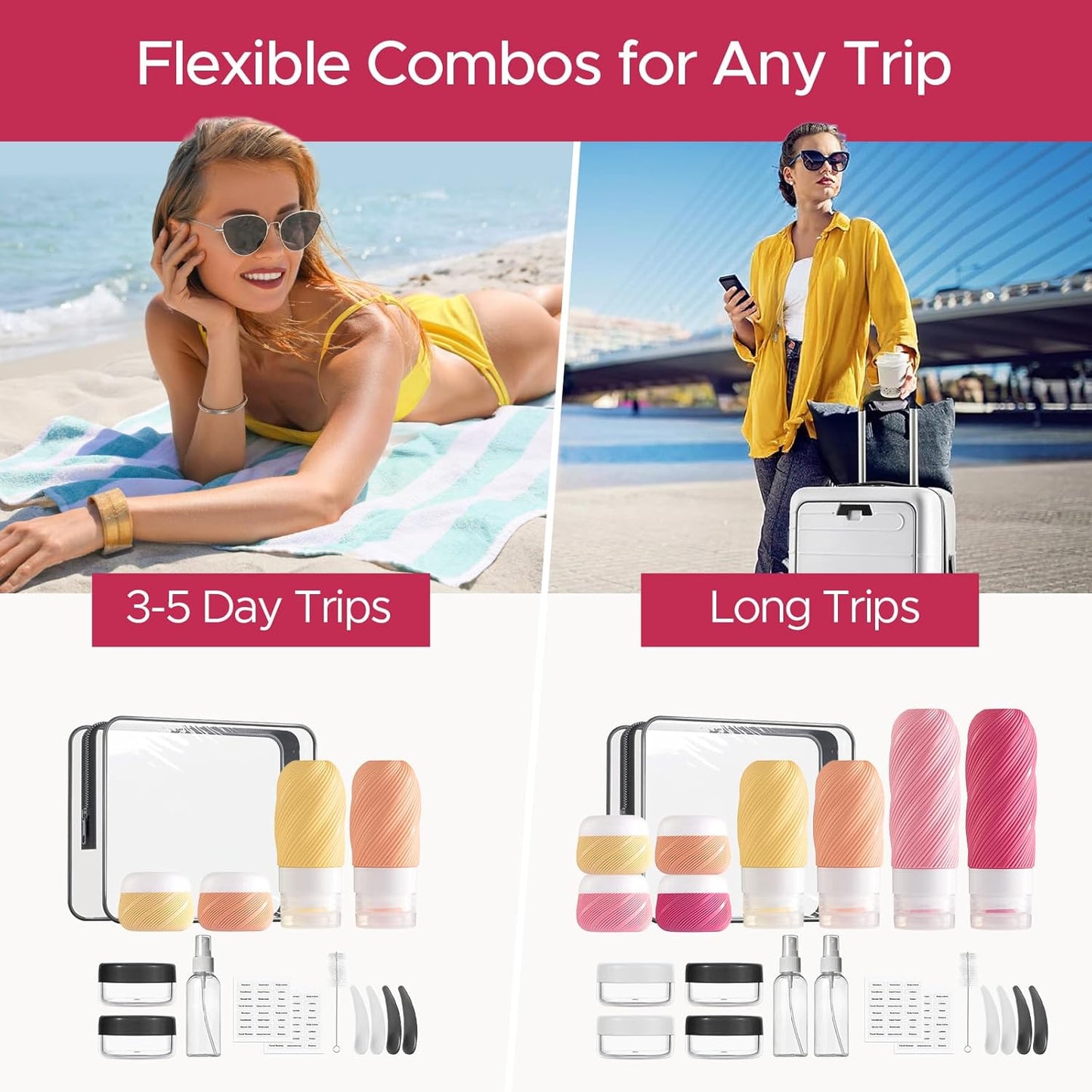 Travel Bottles - 23 Pack TSA Approved Leak-Proof Toiletry Containers | Silicone Squeezable Bottles in Clear Bag, Pink
