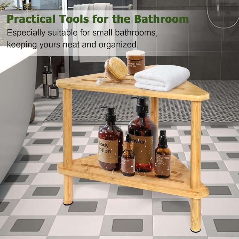 Shower Foot Rest - Waterproof Bamboo Shower Stool for Shaving Legs | 15in Corner Design with Storage Shelf