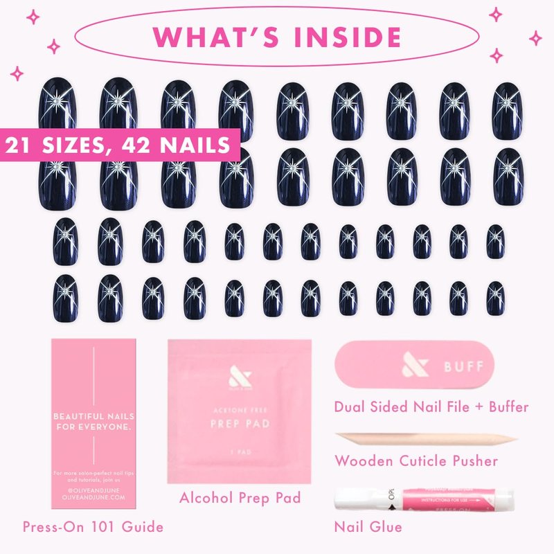 Instant Mani Press-On Nails - Star Wars Mandalorian & Grogu | 42 Non-Toxic Fake Nails, 21 Sizes | Short Round Blue Celestial Chrome