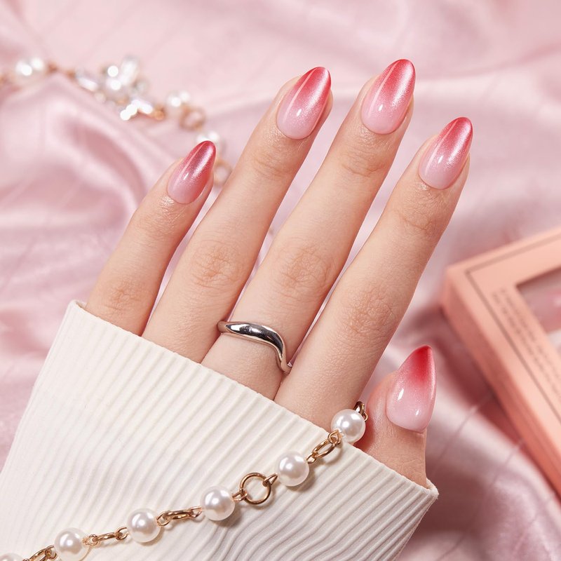 Press On Nails Short Almond | Pink Cat Eye Ombre Fake Nails Kit - 32 Pcs, UV Curable & Reusable