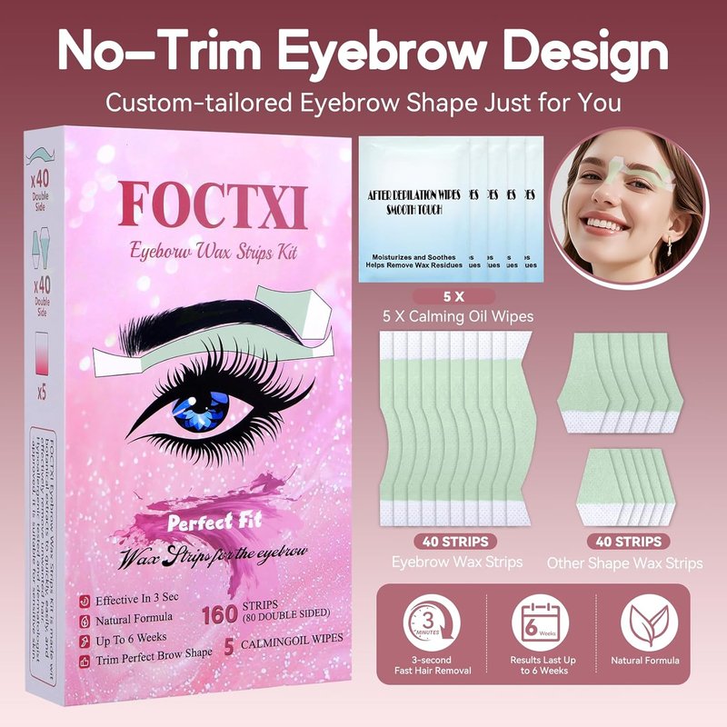 Facial Wax Strips Kit - 80 Hypoallergenic Eyebrow Wax Strips for Hair Removal | Includes 5 Calming Oil Wipes