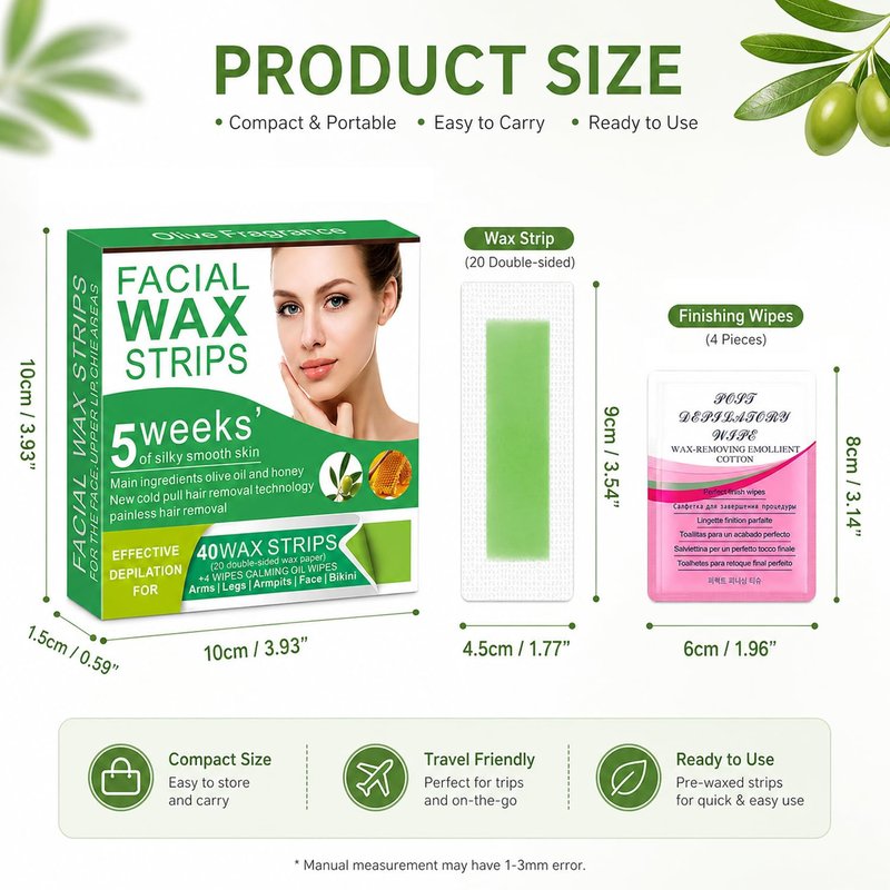Facial Wax Strips for Women | 98% Natural Cold Wax for Gentle Hair Removal - 40 Strips + 4 Wipes