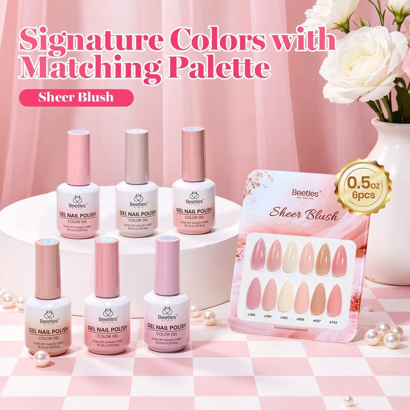 Beetles Sheer Blush Nude Gel Nail Polish Set - 6 Colors 15ML Full Size Nude Pink Brown Neutral Jelly Gel Polish Kit Sheer Translucent Effect Soak Off UV Nail Art Design Manicure Gift for Women