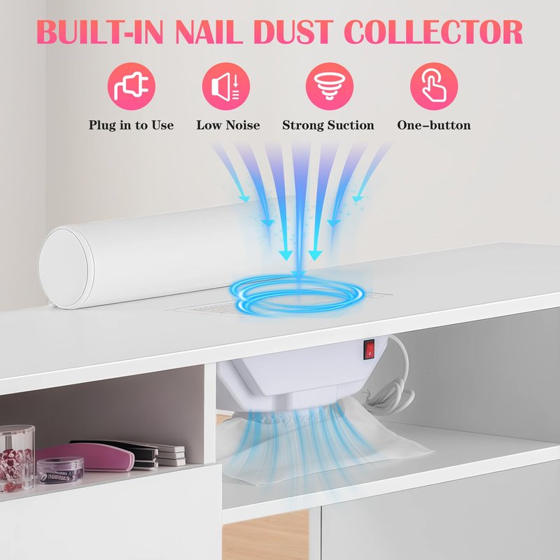 Hicomony Manicure Table Nail Desk with Storage, Professional Nail Tech Desk,with Upholstered Leather Cabinets, Crystal Tufted Modern Nail Salon Desk Table for Beauty Studio