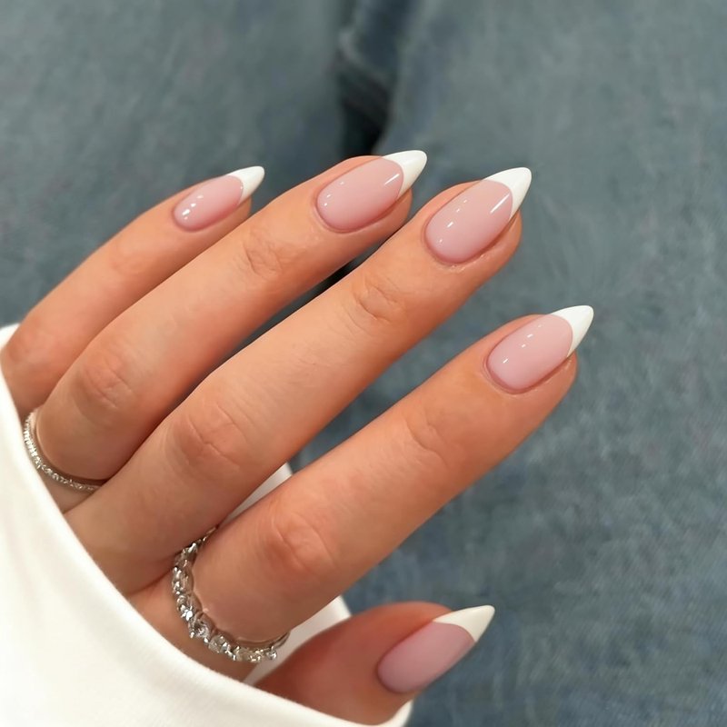 Press On Nails Short Almond - White French Tip Fake Nails with Glue | 15 Sizes, Realistic Soft Gel Design