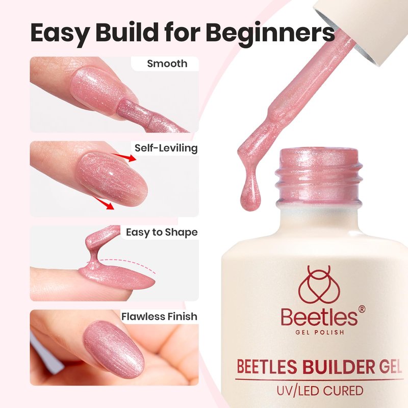 Beetles Builder Gel Set with Nail Dehydrator and Primer,Base Top Coat,Rosy Dew-Pink & Glitter Pink for Nails Extension & Apex Strengthening, Thickening Weak Nails, DIY UV Nail at Home for Beginners