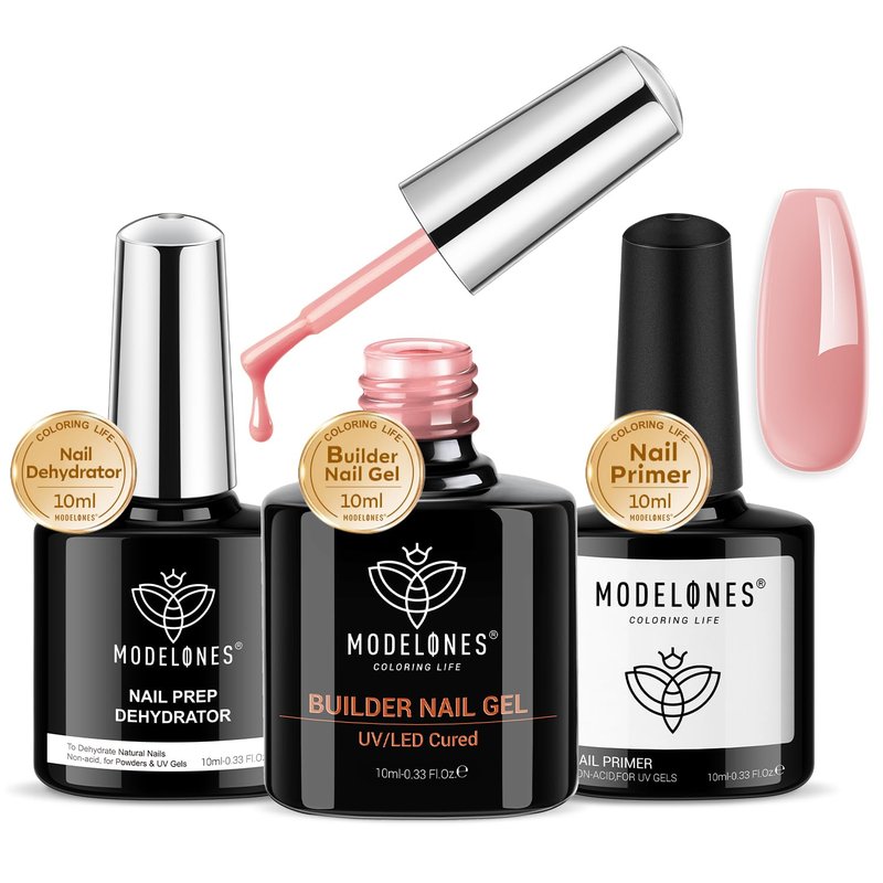 Nail Thickening Solution - Builder Gel with Dehydrator & Primer | 3Pcs Rose Nude Pink 10ml Set