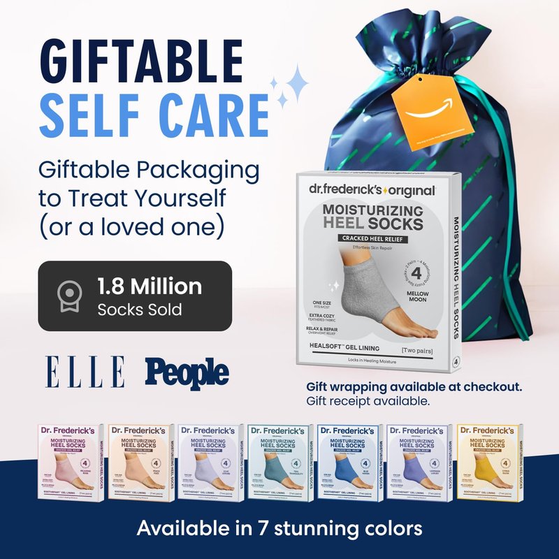 Dr. Frederick’s Original Moisturizing Fuzzy Heel Socks - Cozy Gel-Lined Socks for Dry Cracked Heels - 2 Pairs - Overnight Foot Care with Olive Oil, Vitamin E - Gifts for Women & Men - Mellow Moon