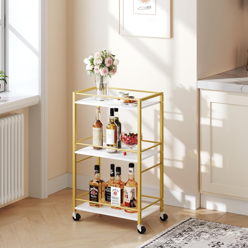 MAHANCRIS Bar Cart for The Home, 3-Tier Drink Cart on Wheels, Home Bar Serving Cart, Mini Bar Cart for Small Space, Rolling Kitchen Carts for Bar, Kitchen, Dining Room, Gold RCJW4001