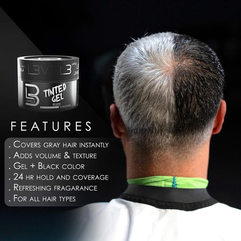 Level 3 Black Tinted Hair Gel - Instant Gray Coverage & Strong Hold - Temporary Color for Volume, Texture & Shine