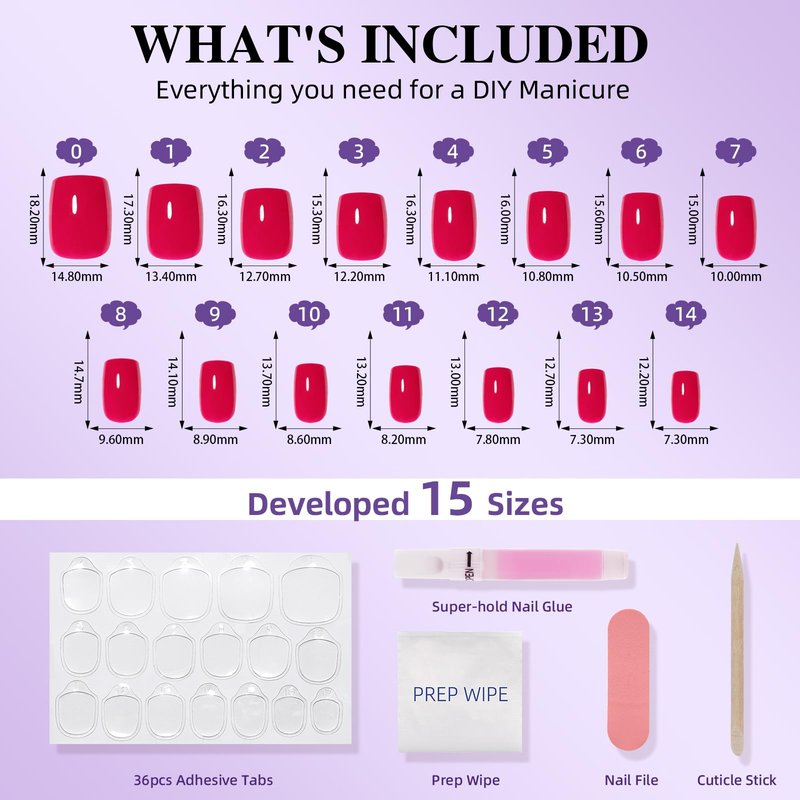 Hot Pink Press On Nails - Short Square Press On Nails with Glue for Women, Reusable Fake nails in 15 Sizes, 30 Stick On Nails