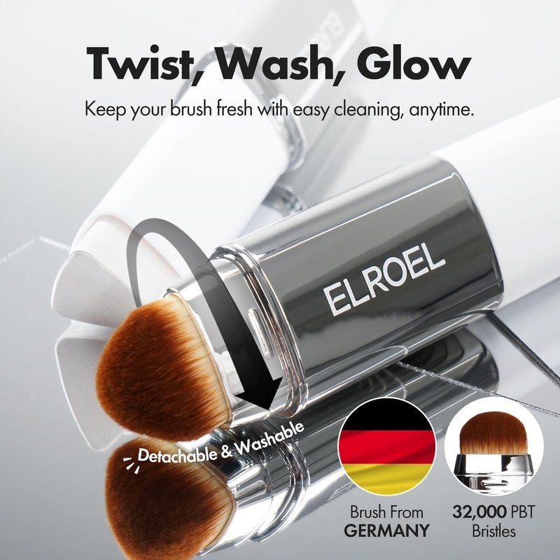 ELROEL Blanc Cover Cream Stick V White - Korean Color-Changing Foundation Stick with Volufiline - Medium to Full Coverage Dewy Finish Base Makeup - Dual-Ended with Detachable Brush (203 Medium)