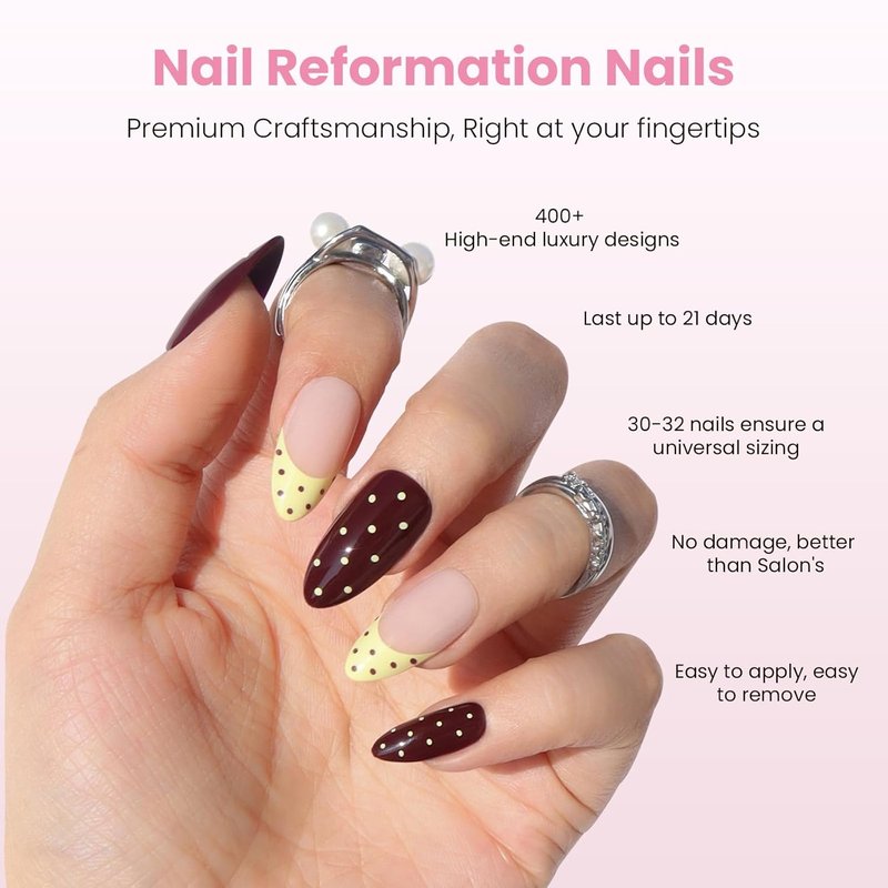 Nail Reformation Press On Nails - Polka Dot French Tip Almond Nails in Chocolate Cream Nude | 30-Piece Reusable Kit