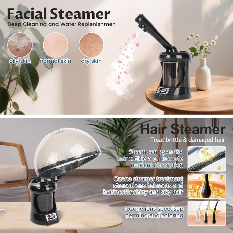 Hair Steamer | 2-in-1 Ozone Facial Steamer for Home & Salon - Portable Moisturizing Hydration