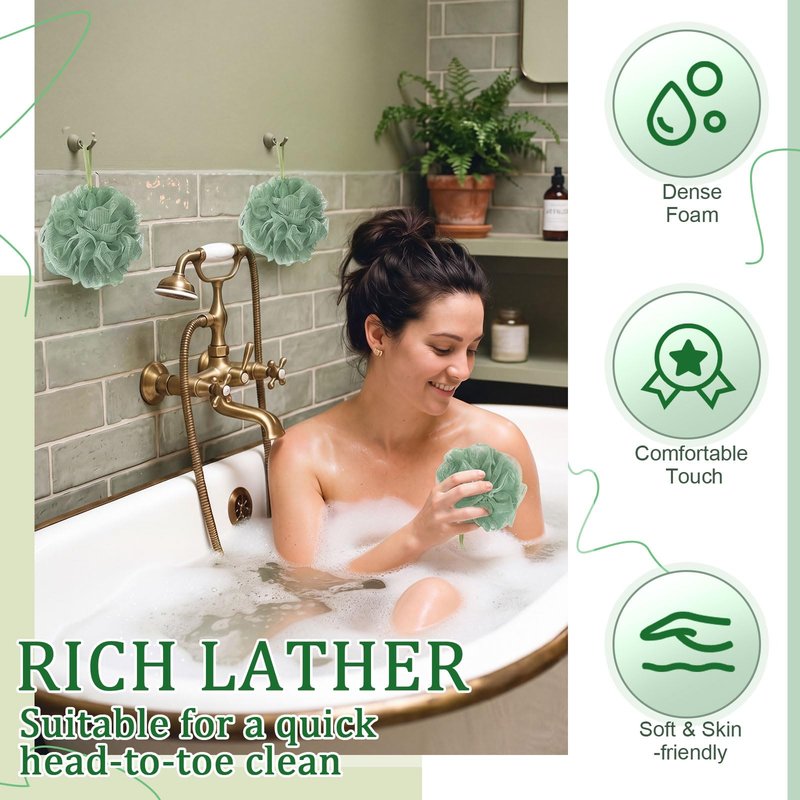 FuWeave 24 Pcs Bath Loofah Sponge Loofah Exfoliating Body Scrubber Shower Sponge 50g Mesh Pouf Balls Gift Basket for Baby Shower Women Men Bathing Accessories Wedding Gift Bucket(Sage Green)