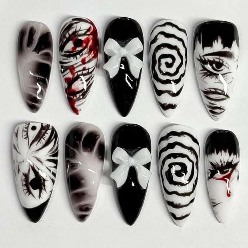 30Pcs Gothic Press on Nails Medium Almond Fake Nails Punk Cartoon Anime with Cute Bow Design Black White Full Cover Glue on Nails Horror Goth Designs Y2k False Nails for Women Acrylic Manicure Decor