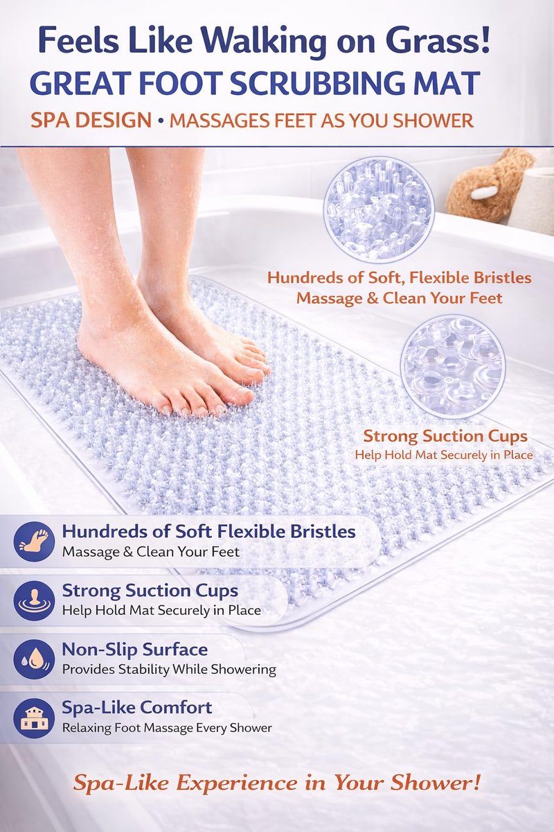 Grass Textured Spa Quality Foot Scrubber Bath Mat Bathroom Tub & Bath Mat Anti-Slip 24.5" x 13.5" Clear